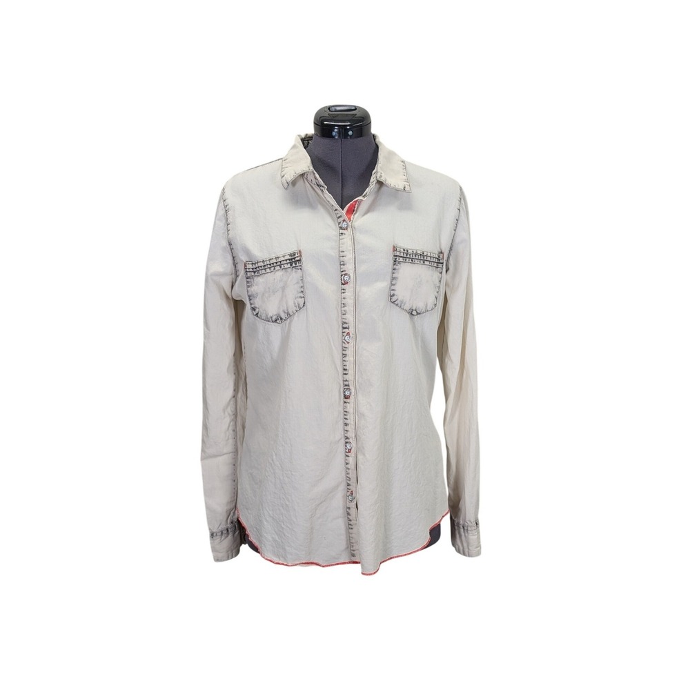 Jolt Womens Retro Bleached Button Up Shirt XL Cream Gray‎ Cotton Long Sleeve